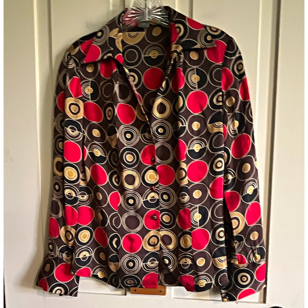Ann Taylor Petites Womens 4P Silk Satin Geometric Button-Up Collared Blouse
